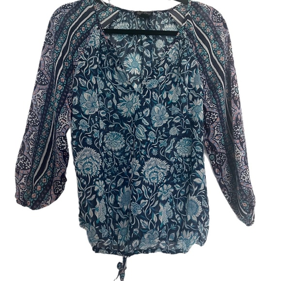 Lucky Brand Boho Peasant flower sheer lightweight balloon sleeve top - Picture 1 of 3